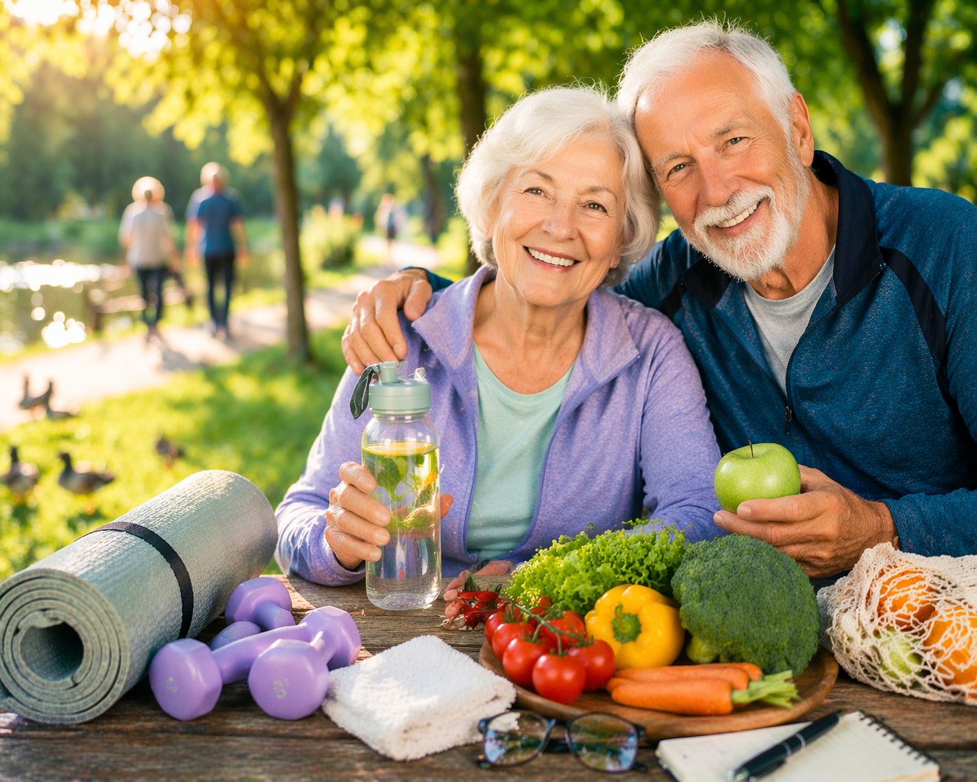 seniorzy przy stole pełnym owoców i sprzętu do ćwiczeń